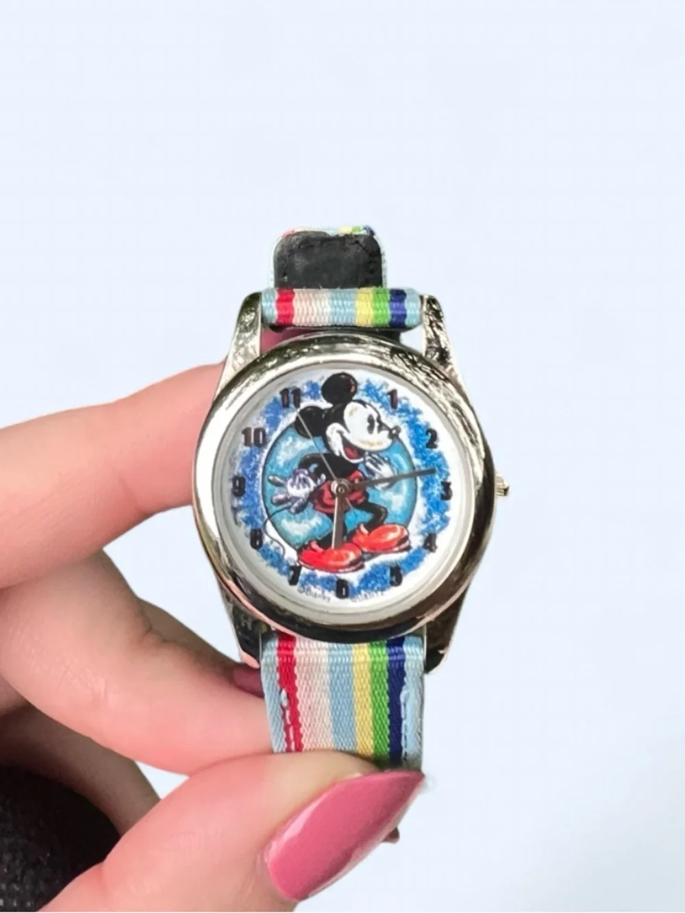 Vintage Disney Time Works Mickey Mouse Wristwatch Rainbow Stripe Band
